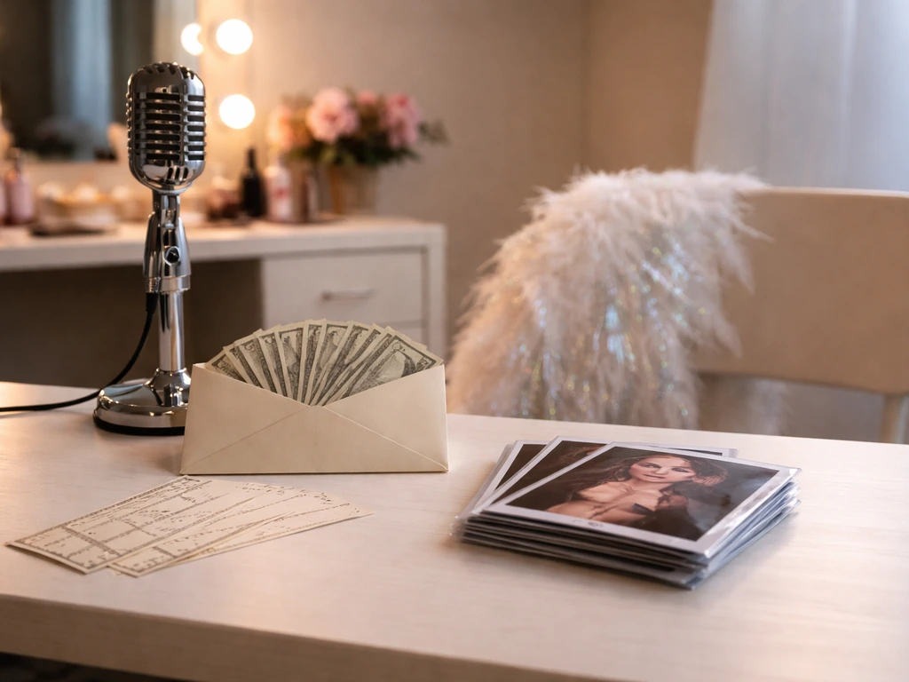 Minimal photo of a drag-themed studio desk with a microphone, cash envelope, and scattered tickets symbolizing income