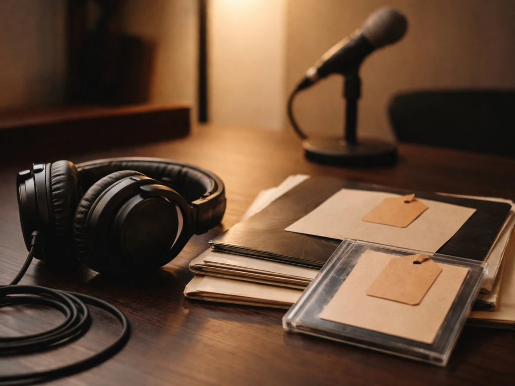 Studio headphones and vinyl record sleeves beside a microphone, suggesting music releases and earnings context.