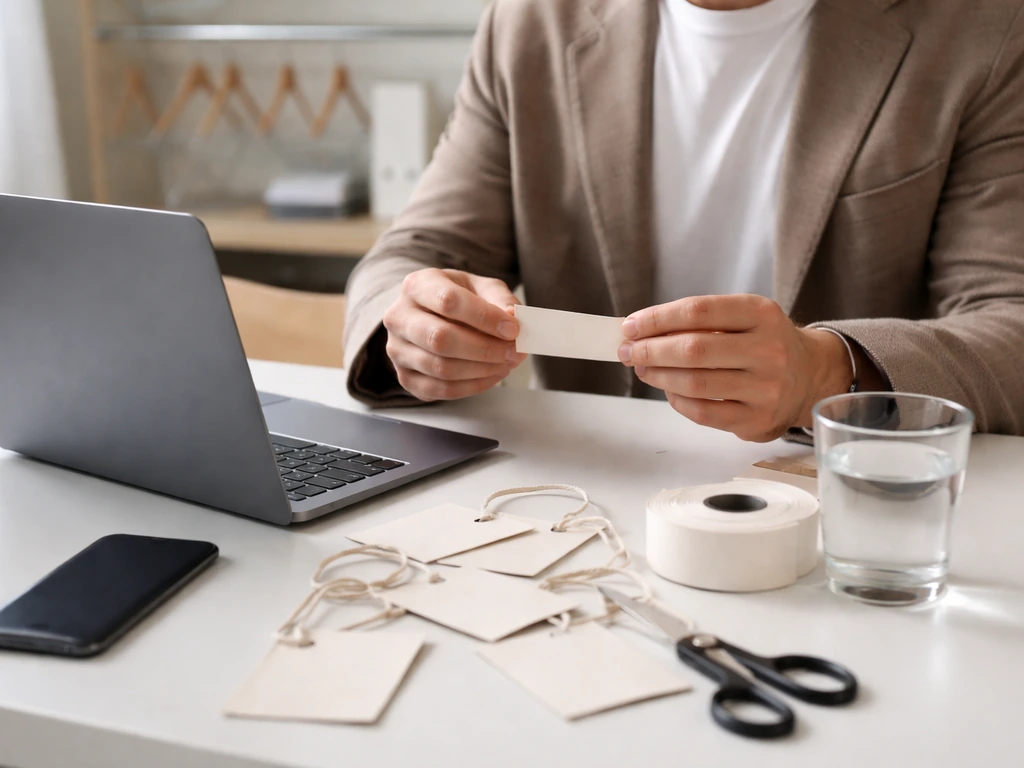 Anonymous hands adjust blank clothing labels on a desk in a quiet office, suggesting a label business.