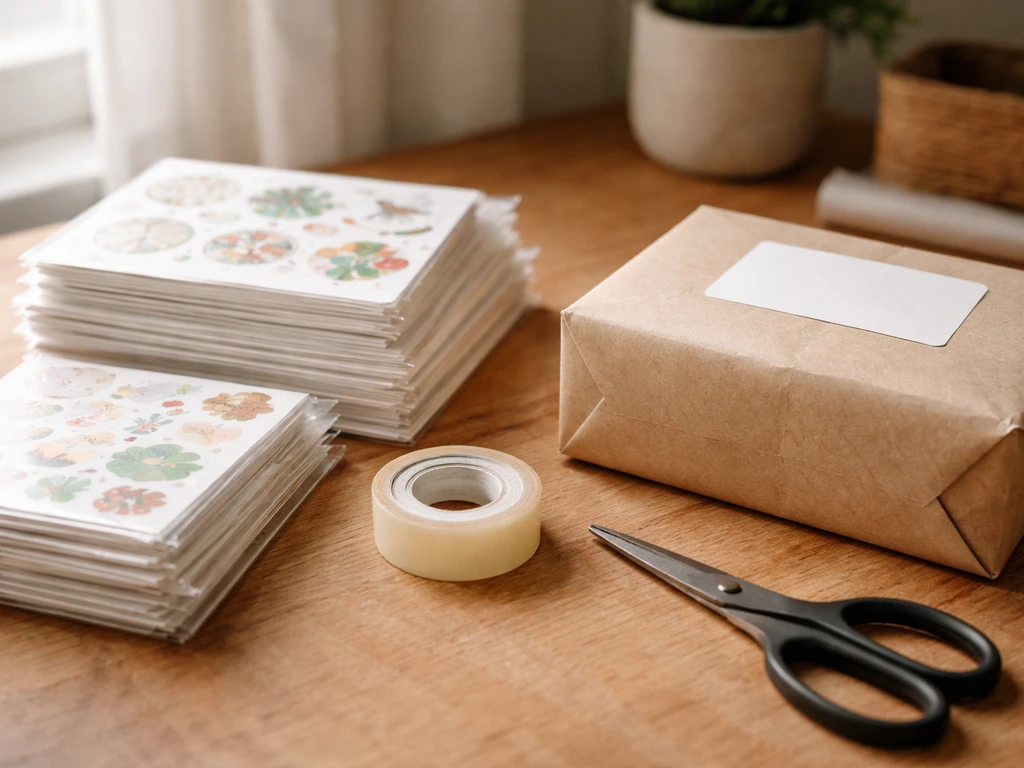 Custom label sheets, stickers, and a kraft parcel assembled on a wooden work surface.