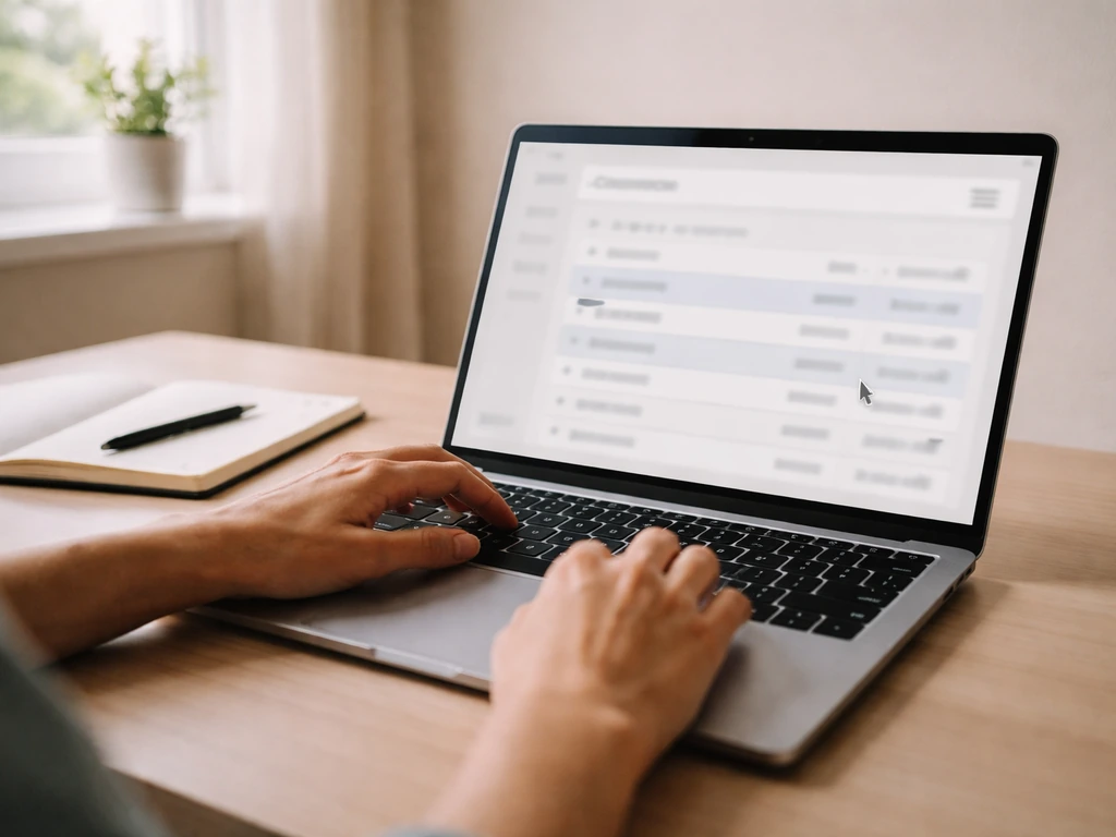 Person reviewing company filings on a laptop in a quiet home office