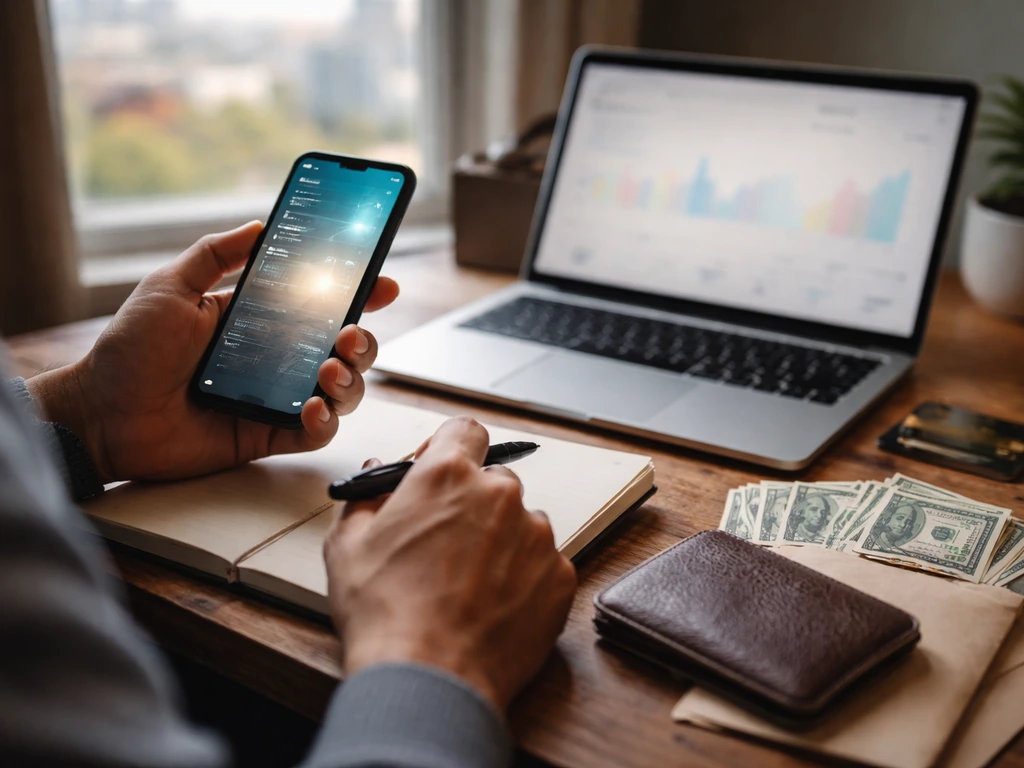 Hands at a desk with a phone and laptop analyzing finances, wallet and cash nearby, city view in background.