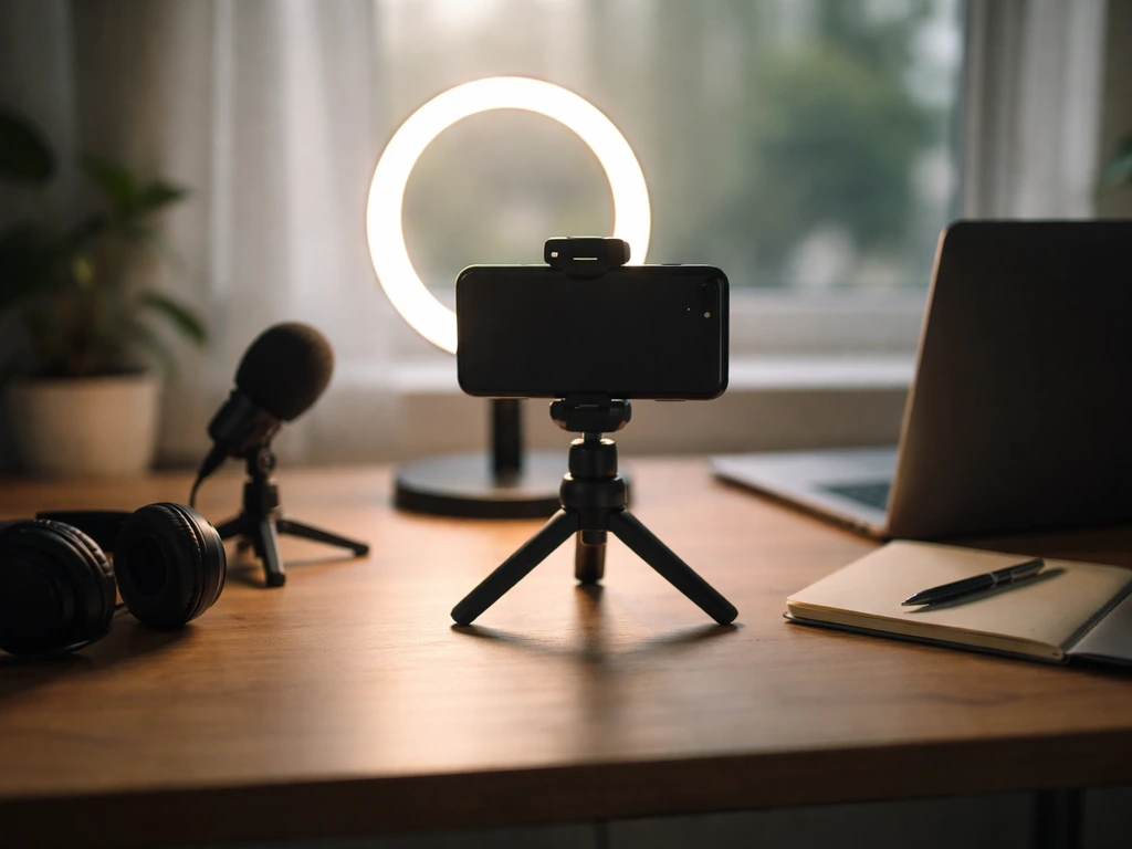 Minimal photo of an anonymous content creator’s phone and camera gear on a desk, hinting at online identity