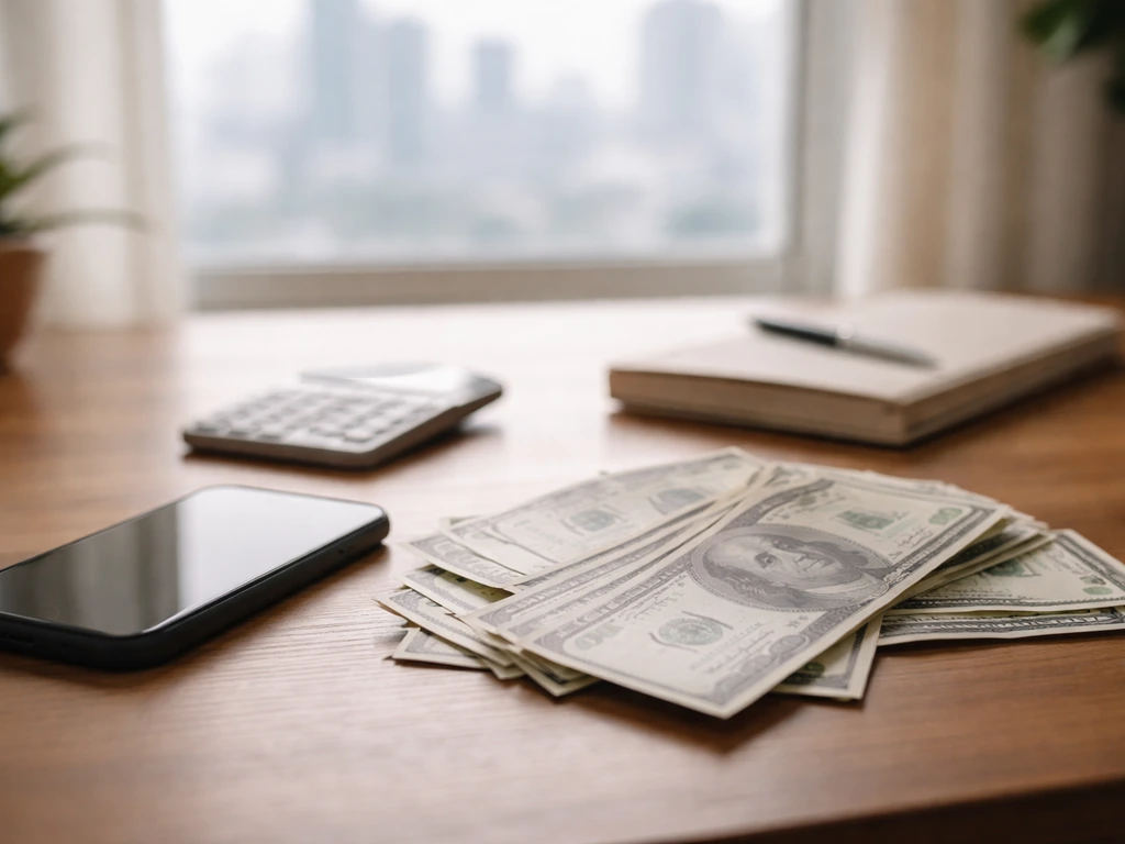 Minimal office desk with cash and a smartphone showing a neutral finance dashboard, symbolizing a net worth range.