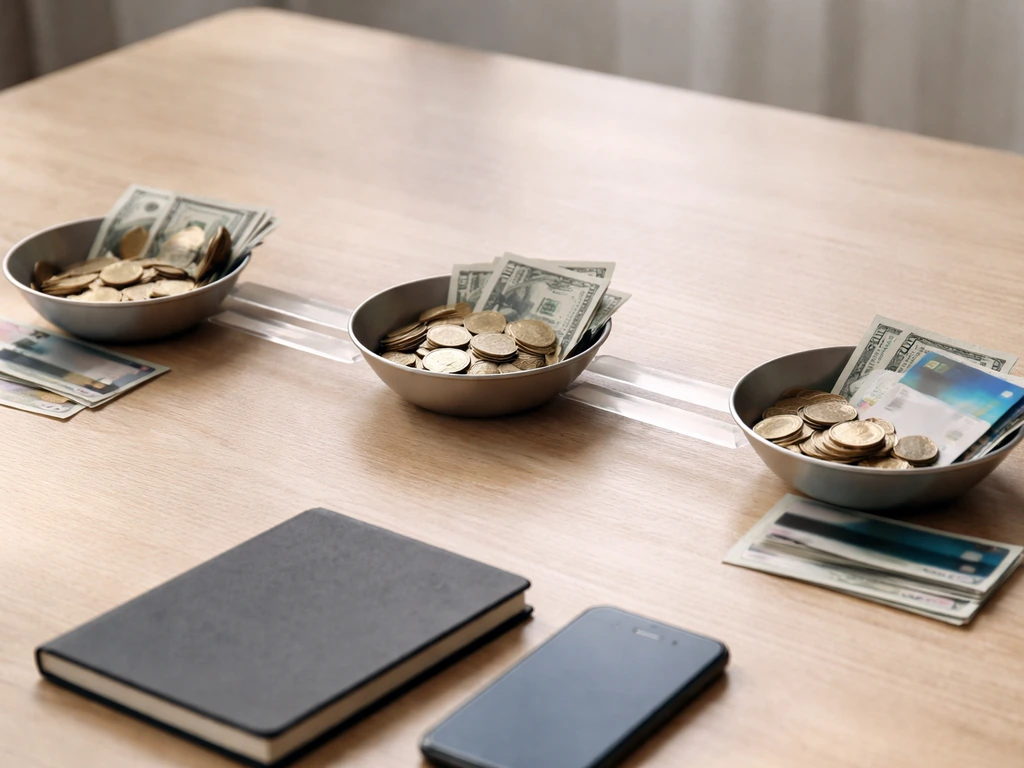 Minimal tabletop scene with connected coin trays and acrylic links suggesting money flow between sources