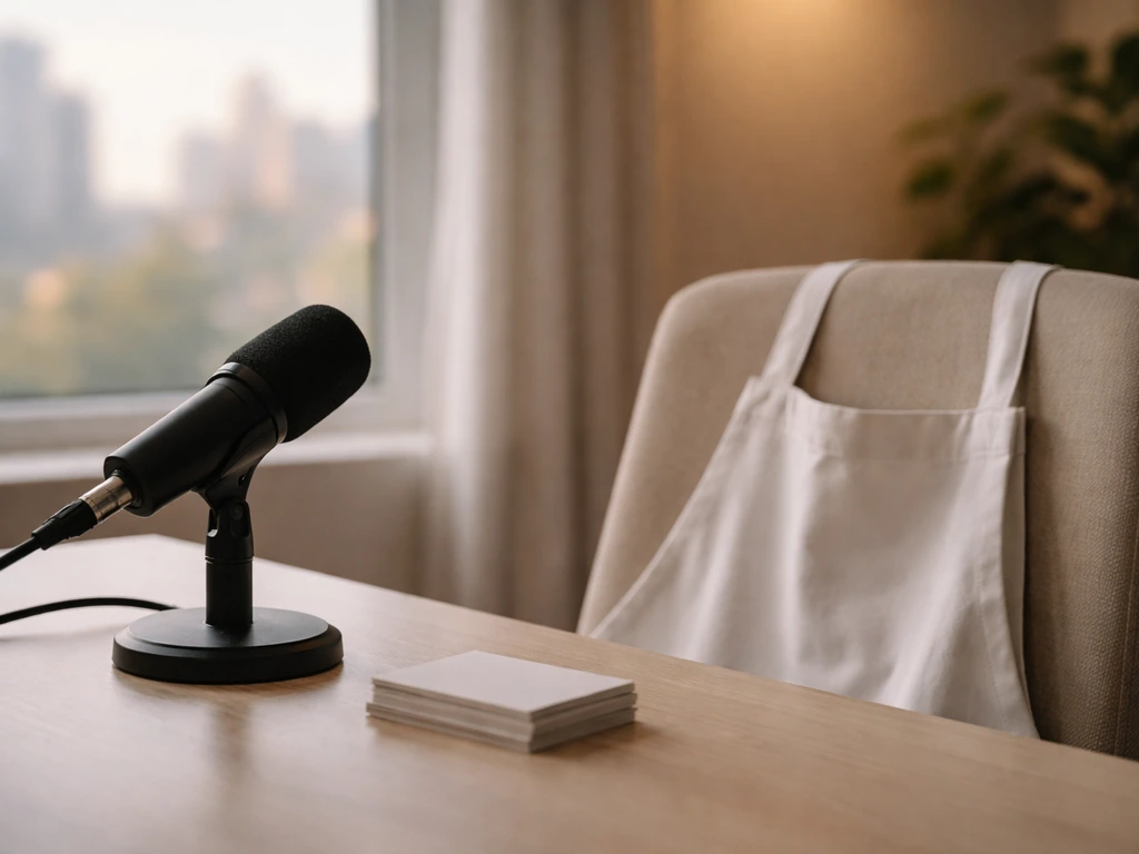 Close-up of a studio-style microphone and a desk with a subtle insurance-themed backdrop, symbolizing the Flo actress be