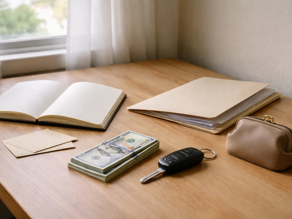 Minimal desk scene with money, a notebook, and an envelope symbolizing assets minus liabilities