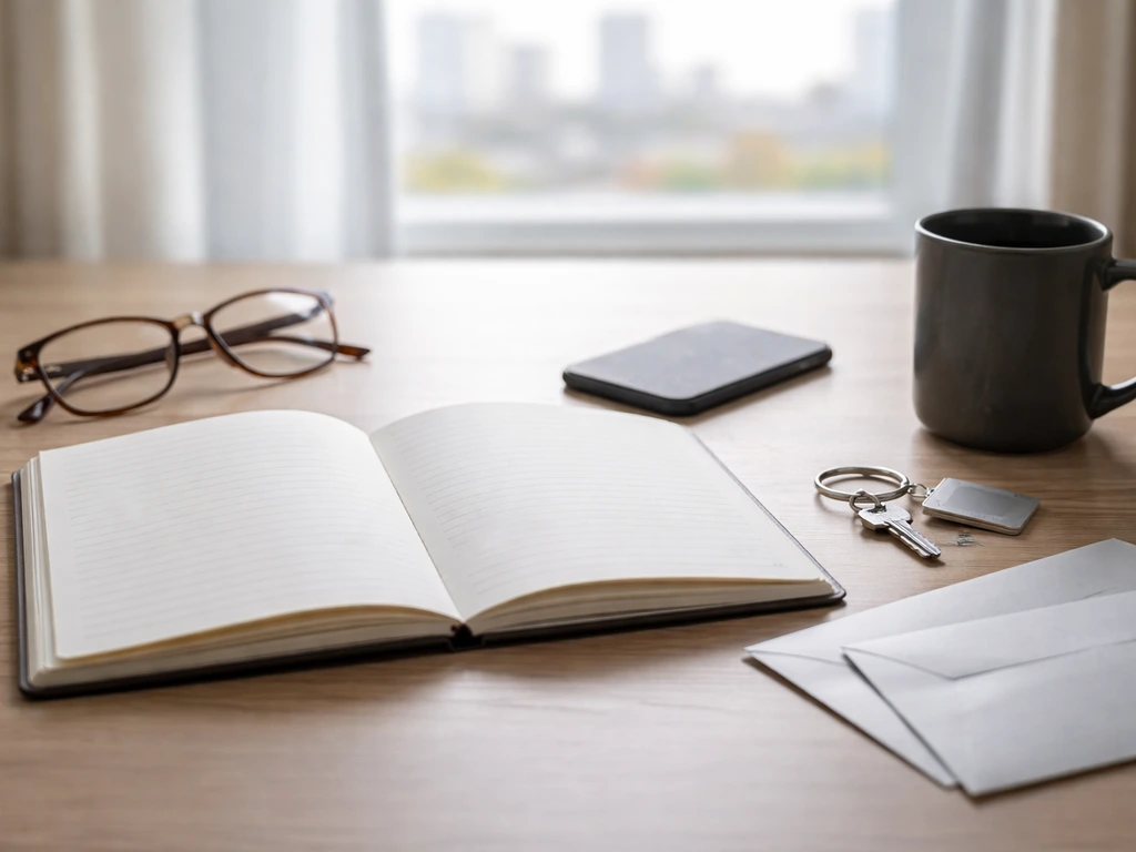 Minimal desk scene with notebook, phone, and glasses suggesting verifying multiple sources for a financial estimate.