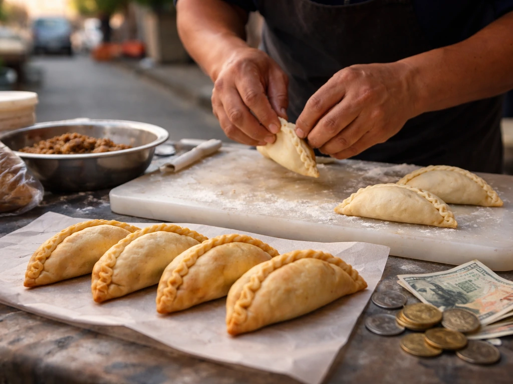 Close-up of street-food pays being prepared on a vendor table with small cash nearby