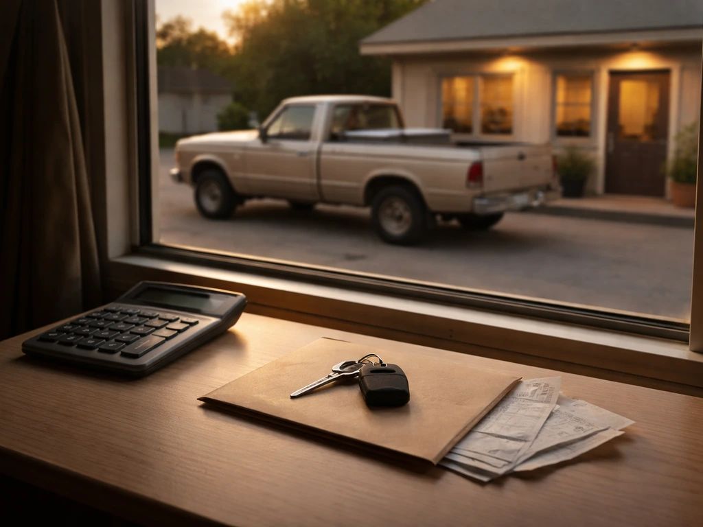 Minimal photo of a parked pickup truck with a calculator and small envelope on a desk, symbolizing liabilities and taxes