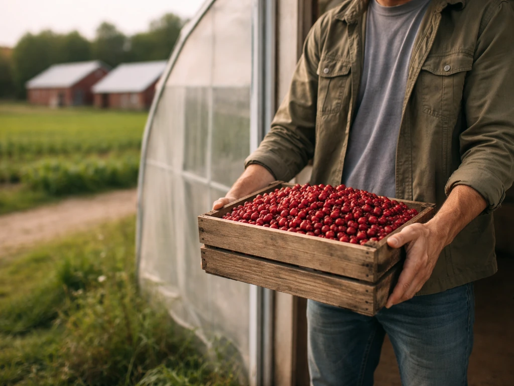 Anonymous farmer next to a crate of cranberries with a quiet co-op farm landscape behind