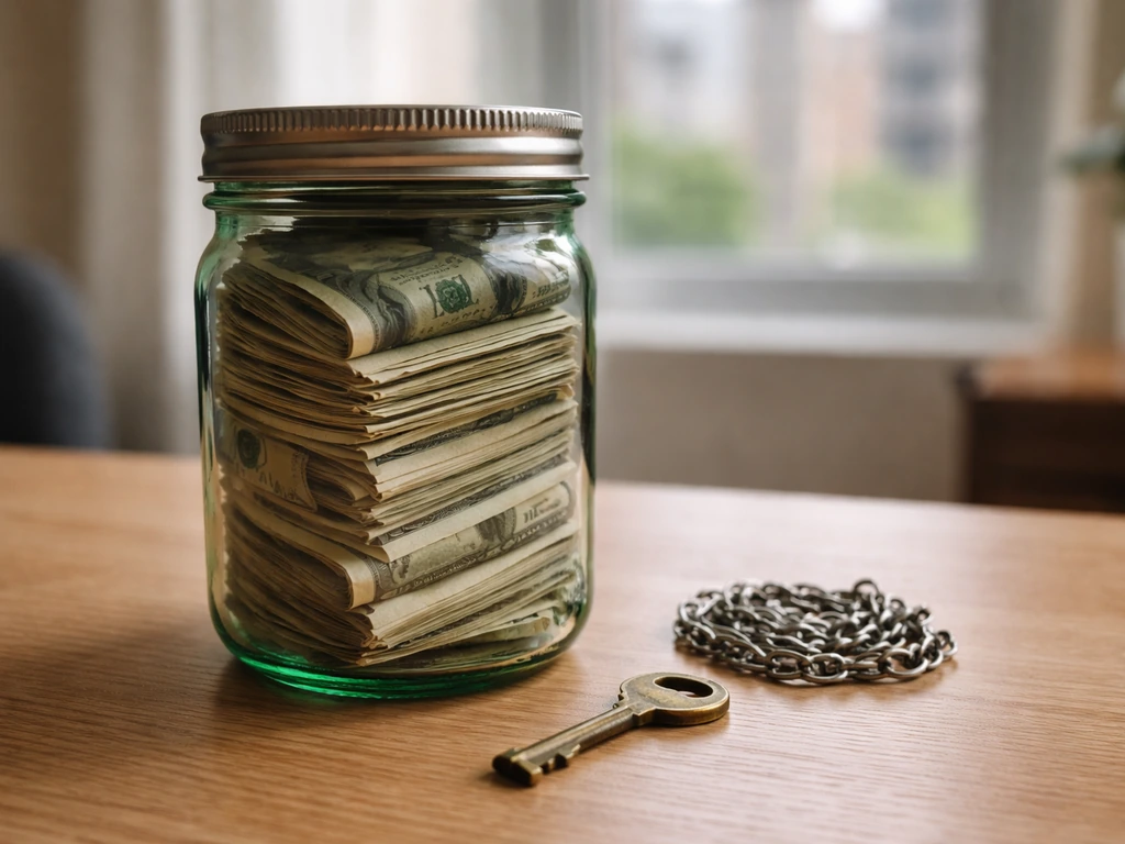 Dollar-filled jar with a brass key and chain on a wooden desk, symbolizing shared ownership and hidden wealth lists.
