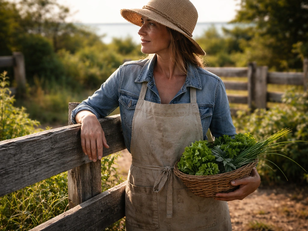 Sunlit Door County farm scene with an apron-wearing creator holding a small basket of fresh herbs.