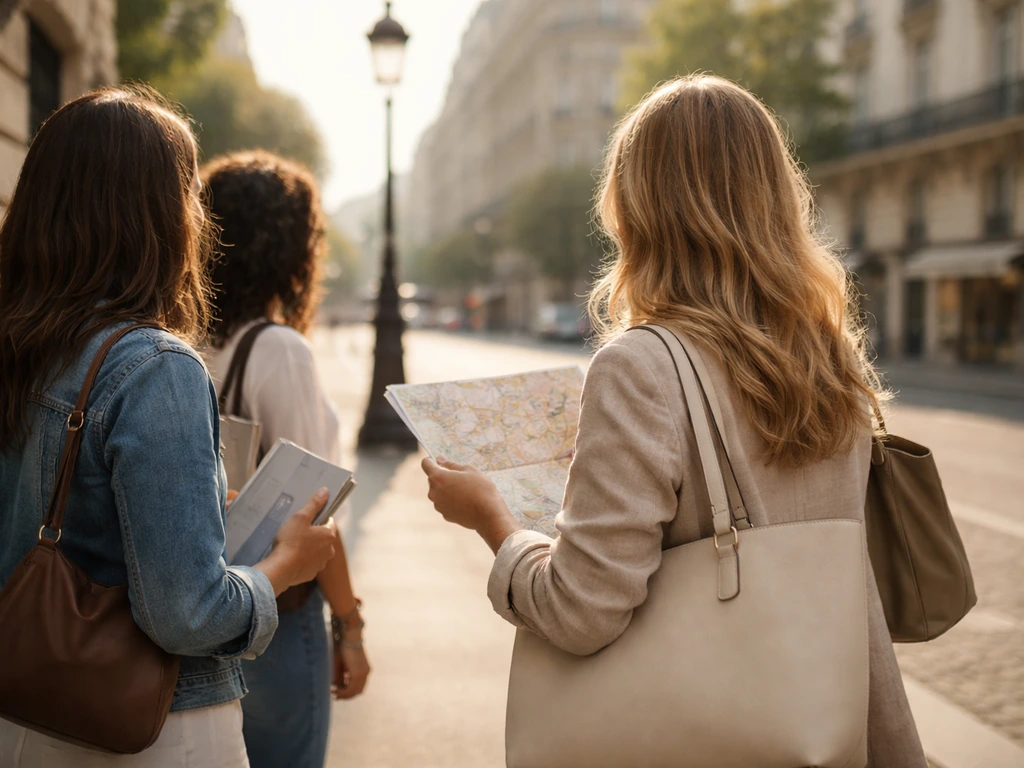 Women waiting on a Paris street with travel items, suggesting an organized paid tour experience.