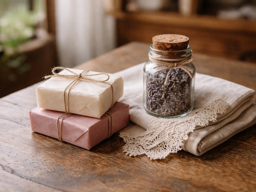 Close-up of French-inspired vintage shop items: wrapped soaps, small jars, and lace on a wooden tabletop.
