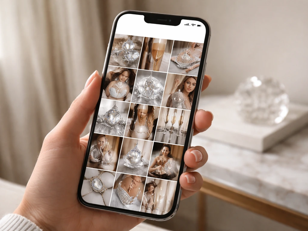Hand holding a smartphone showing a luxury diamond-themed Instagram feed in a bright elegant room.
