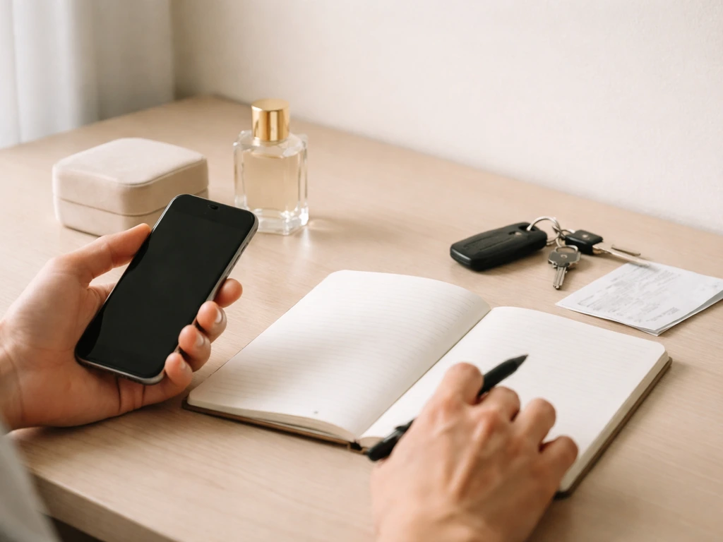 Minimal desk scene showing a smartphone, notebook, and neatly placed luxury items suggesting assets and liabilities.