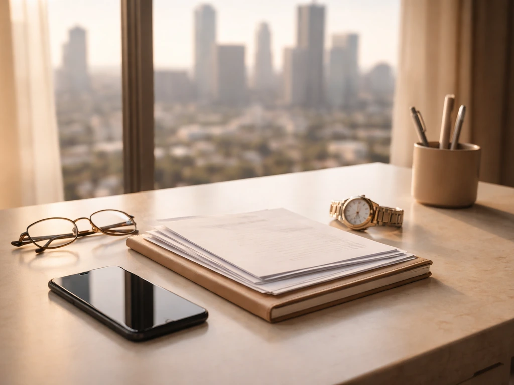 Luxury influencer desk with city skyline and scattered financial papers, suggesting social media economics without any t