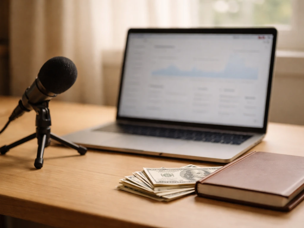 Minimal desk scene with laptop, microphone, and blurred money stacks symbolizing creator monetization and estimated net