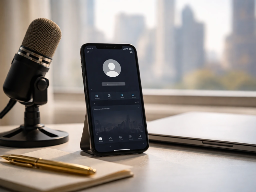 Minimal desk scene with a smartphone and social-media style branding elements, symbolizing an internet commentator