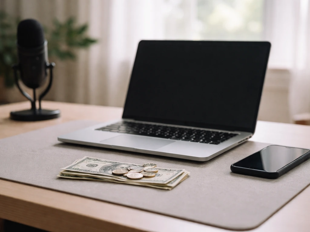 Minimal home office desk with laptop, phone, and scattered cash and coins suggesting income range analysis.