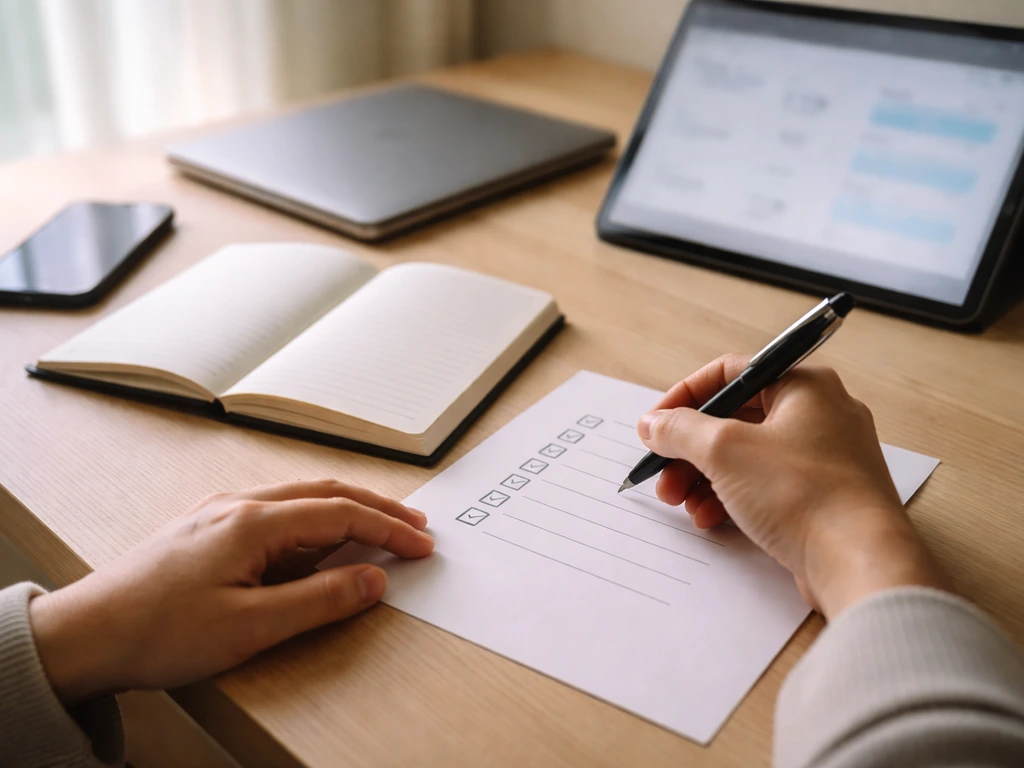 Person at a desk comparing social-media metrics on a tablet with a checklist and notebook.