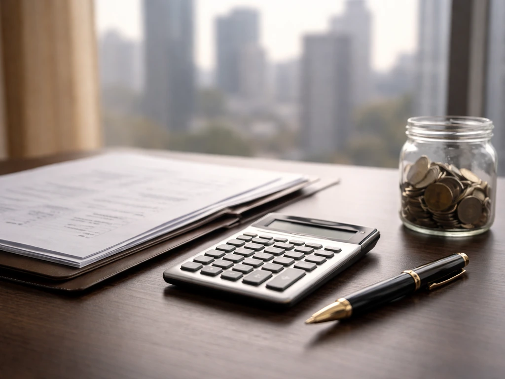 Close-up of a financial desk with calculator, pen, coins jar, and blurred city window background.