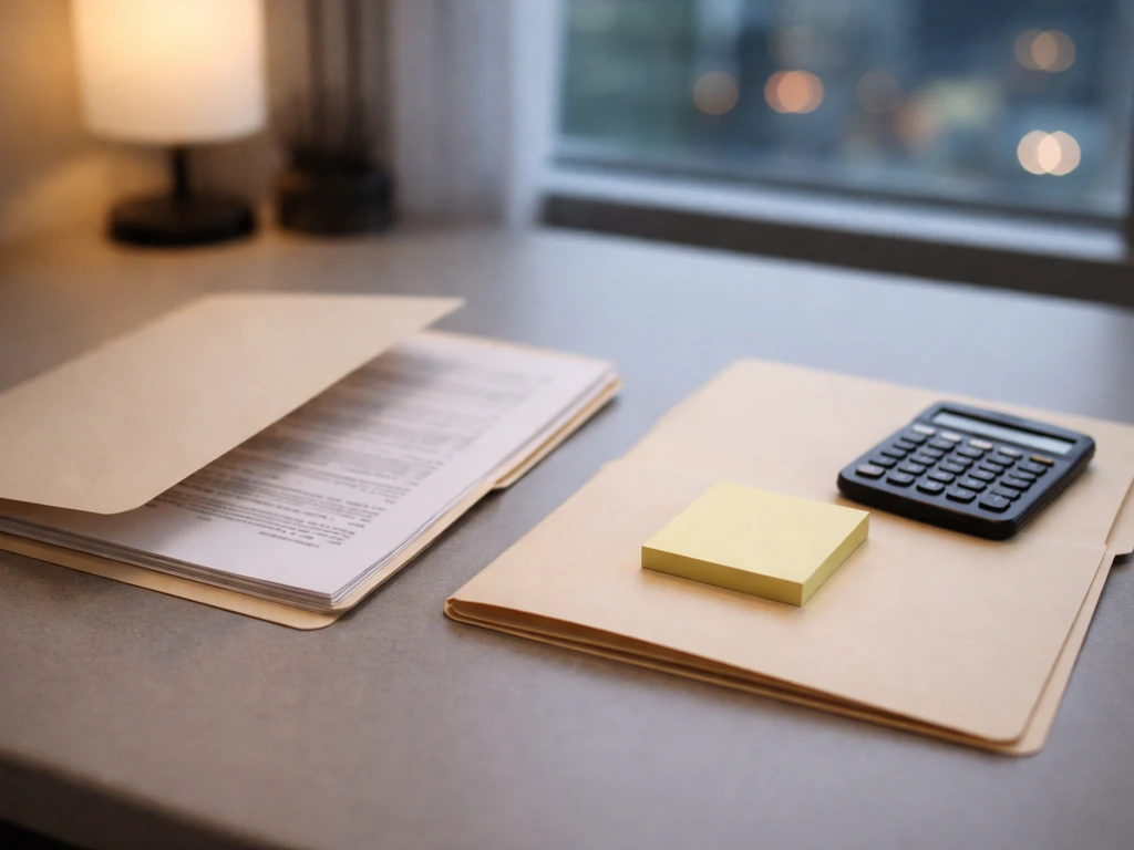 Desk with two anonymous folders—one with citation-like pages, the other with calculator and sticky notes.