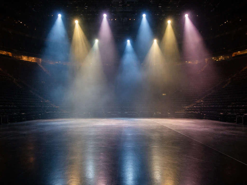 Empty arena stage at dusk with bright spotlights angled toward the center, representing major touring revenue
