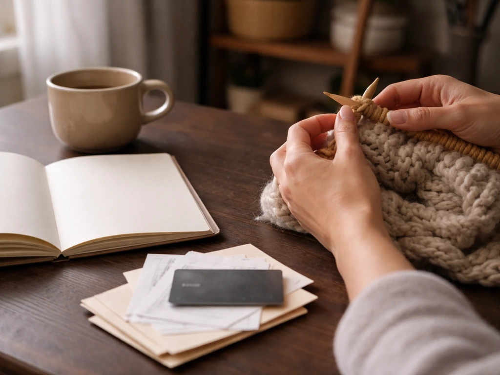 Anonymous knitter’s desk with yarn, blank notebook, and plain envelopes/cards suggesting wealth verification.