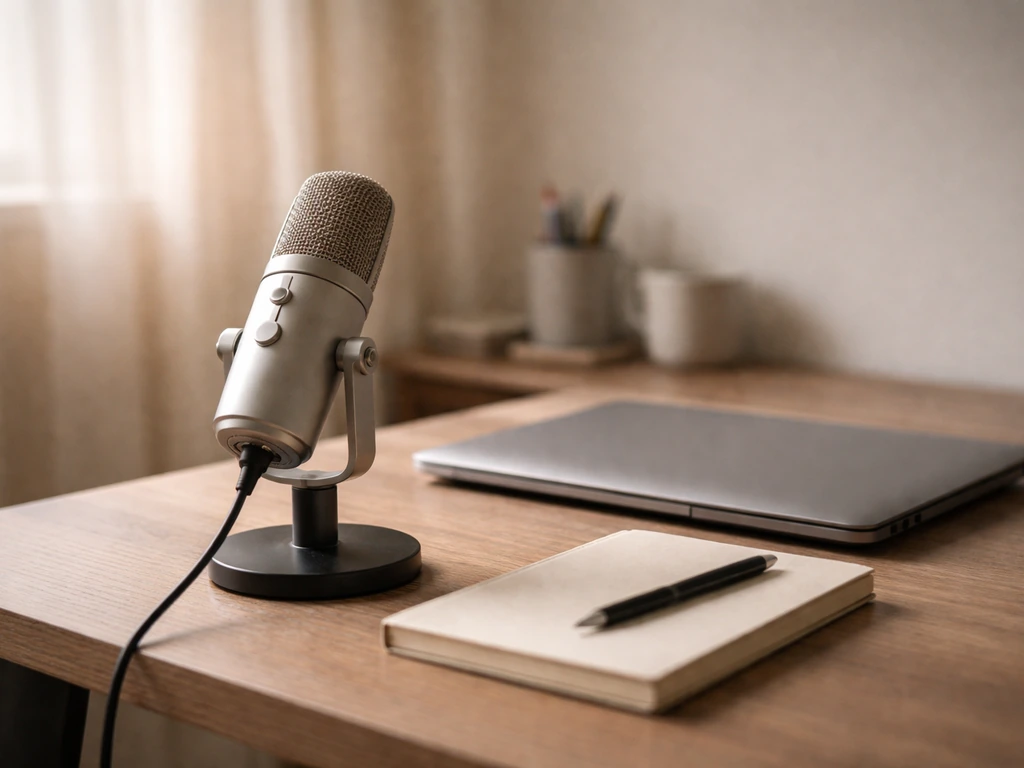 Minimal photo of a podcast-style mic and laptop on a tidy desk, suggesting online creator media work.
