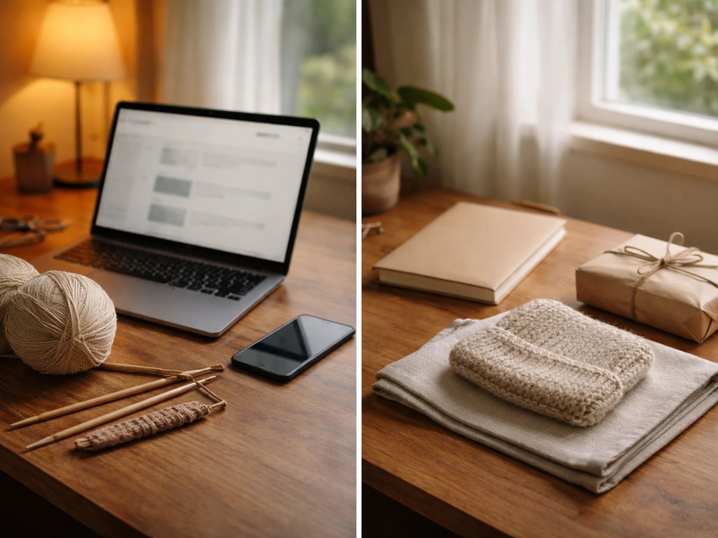Cozy knitting desk split into subscription screen on laptop and neatly arranged knitted items for sales.