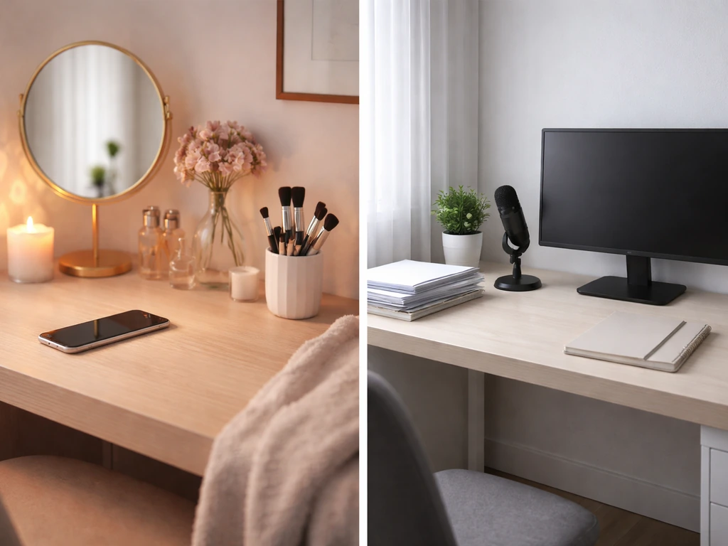 Split-scene photo: cozy lifestyle desk cues on one side, tidy office with documents and mic on the other.