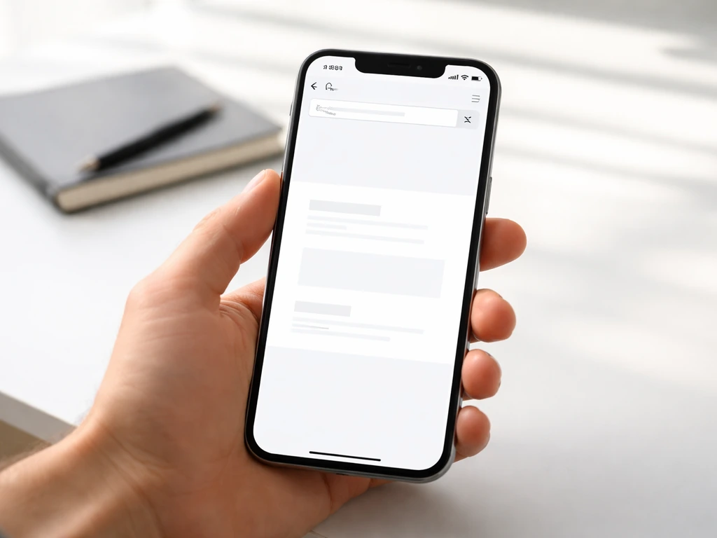 Hand holding a smartphone showing a blank web browser with a search bar, verification workflow mood