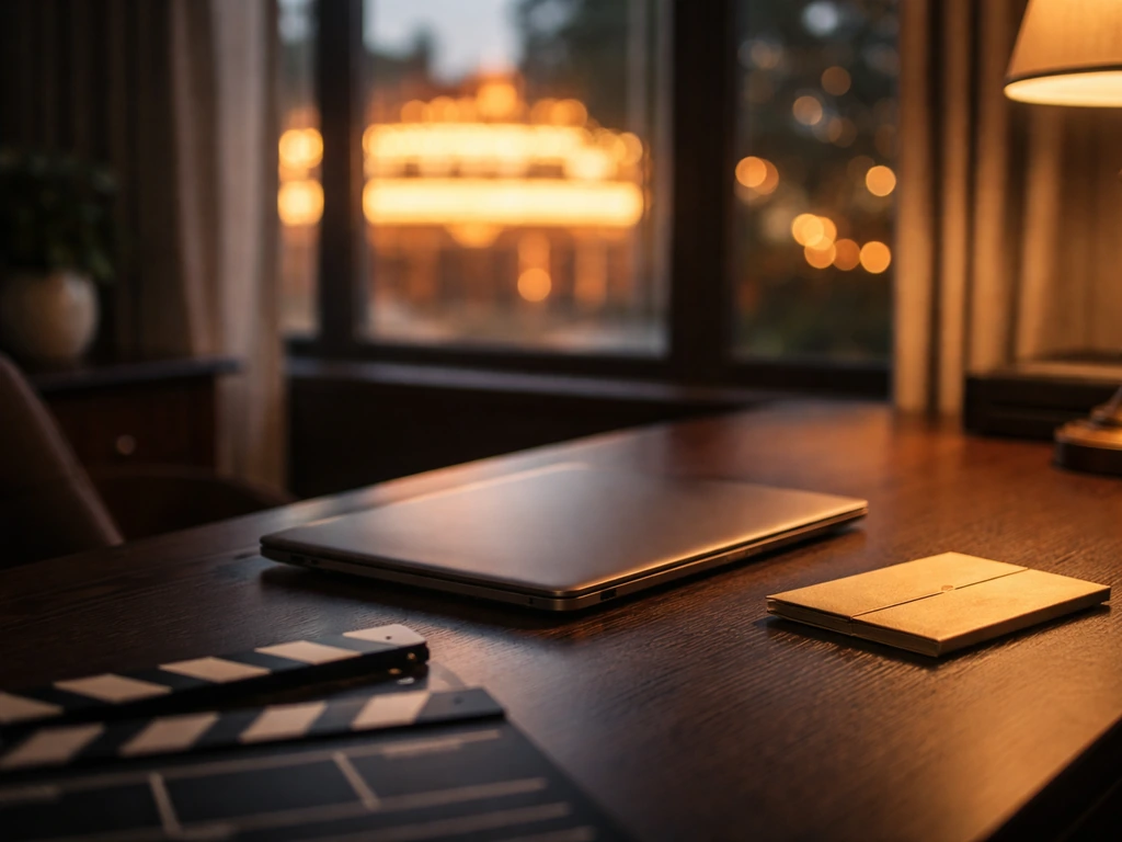 Luxury home-office desk with a gold-toned envelope, film clapperboard, and soft city lights at dusk