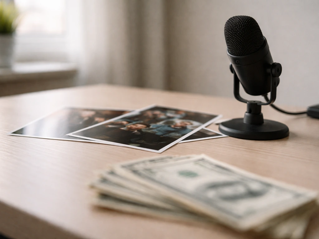 Minimal studio desk with microphone, film stills, and a stack of cash symbolizing TV and film income