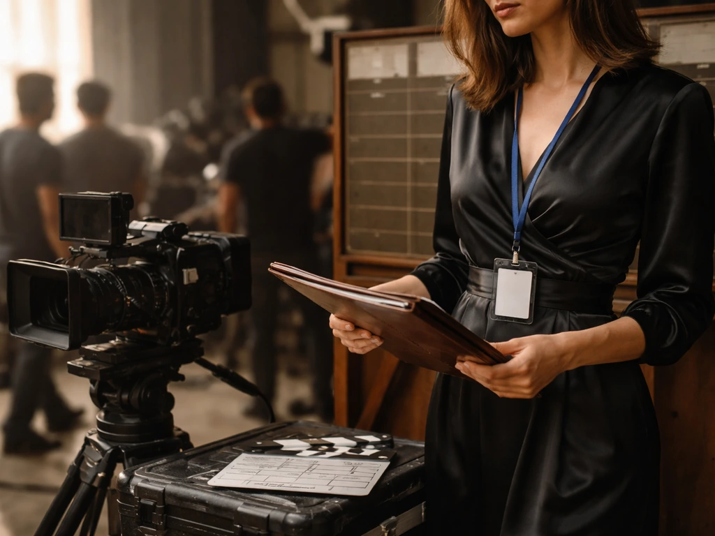 Anonymous film actor/producer on a quiet set beside a cinema camera, warm daylight, minimal background.
