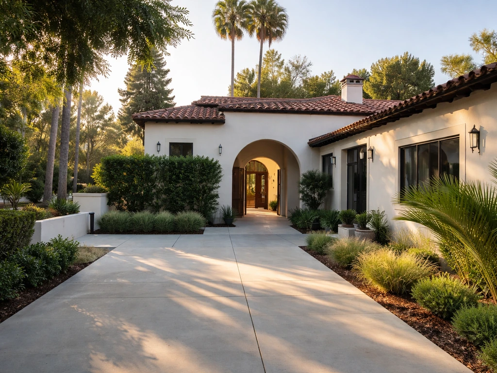 Modern Spanish-style Los Angeles home exterior with driveway and trimmed garden in a quiet Toluca Lake street.