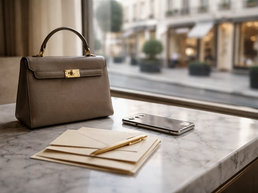 Designer bag and phone on a marble desk with envelopes, symbolizing fashion wealth and financial analysis.