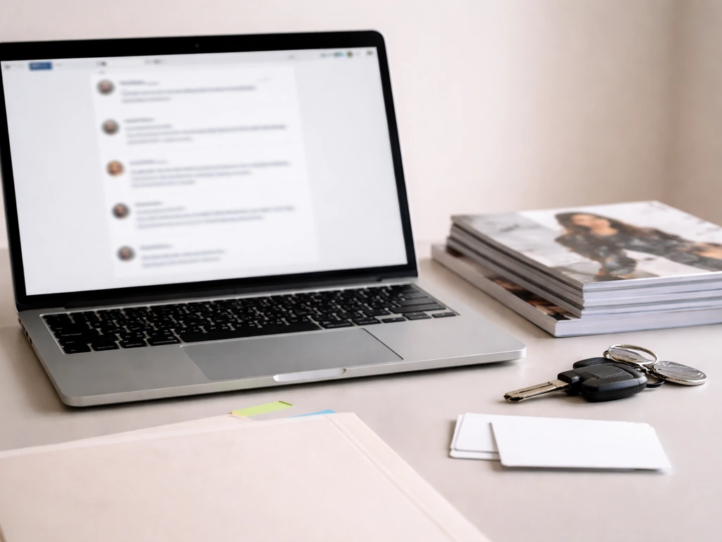 Minimal desk with a laptop showing blurred social posts, magazines, and ownership symbol items—no readable text.