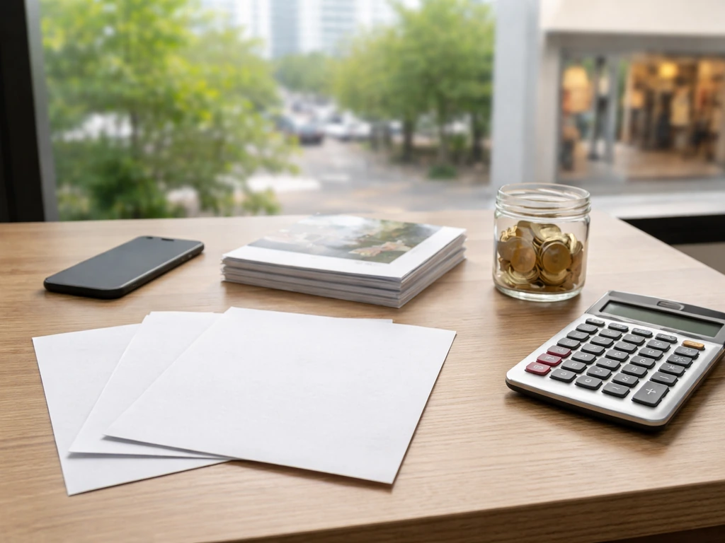 Minimal office desk with layered documents, calculator, coins, and a city view suggesting net-worth calculation.