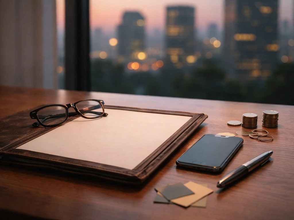 Desk with portfolio, pen, coins, and blurred city office skyline hinting at acquisition-driven valuation changes.