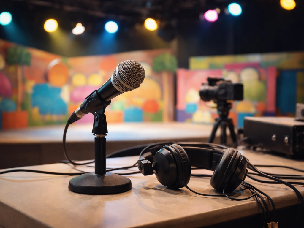 Bright TV studio scene with a microphone, headset, and production gear, no people visible