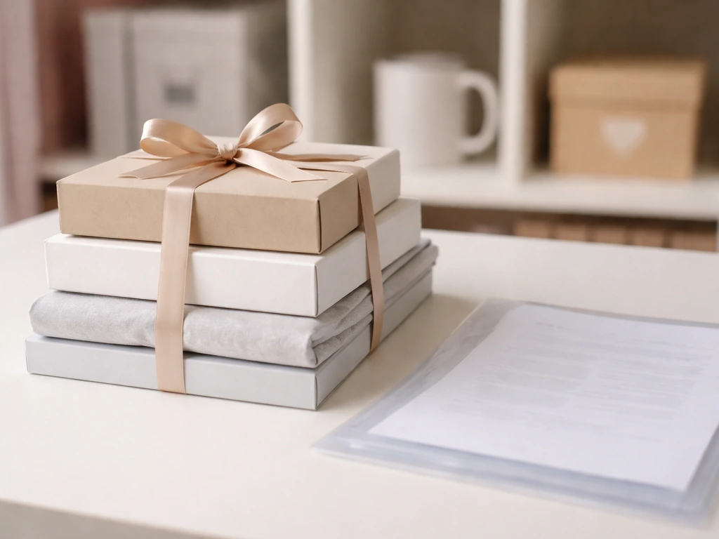 Neatly stacked generic merchandise packaging with a ribbon and blurred licensing documents on a desk.