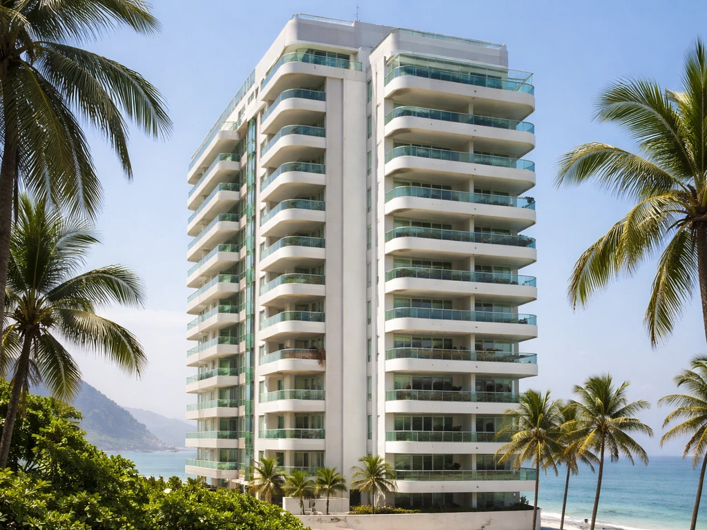 Sunlit view of a luxury beachfront apartment building in Rio de Janeiro, showing upscale Brazilian real estate.
