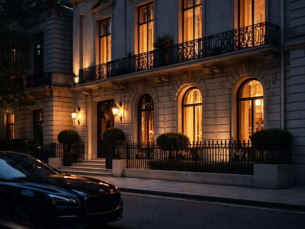 Elegant London townhouse window with warm evening light and a subtle luxury mood
