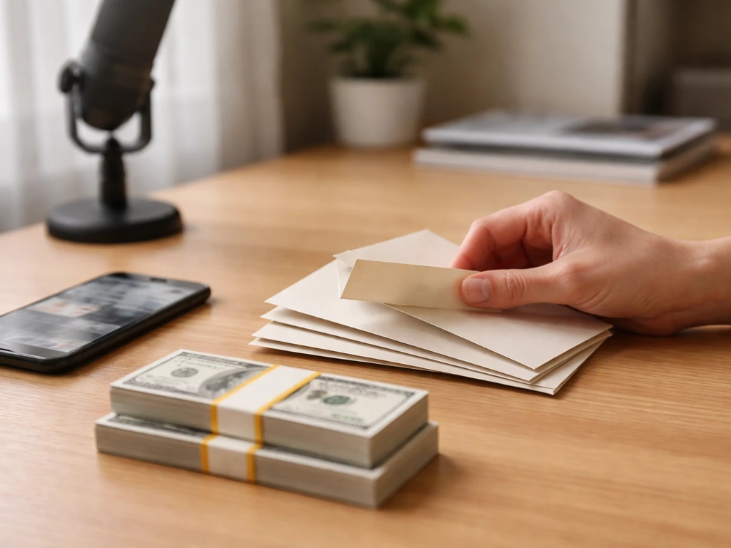 An anonymous desk scene with scattered cash envelopes and a smartphone showing blurred financial news, symbolizing varyi