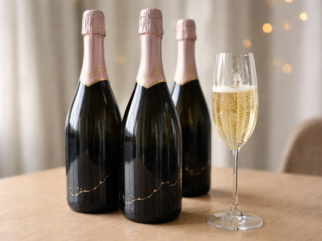 Two premium Prosecco bottles with golden bubbles on a light wood table, minimal celebratory setting.