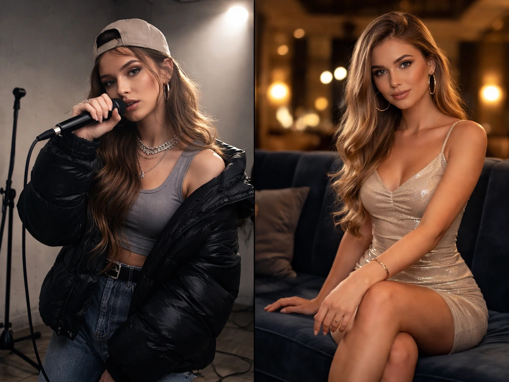 Side-by-side: an anonymous rapper performing with mic on the left, and a glamorous woman in an upscale lounge on the rig