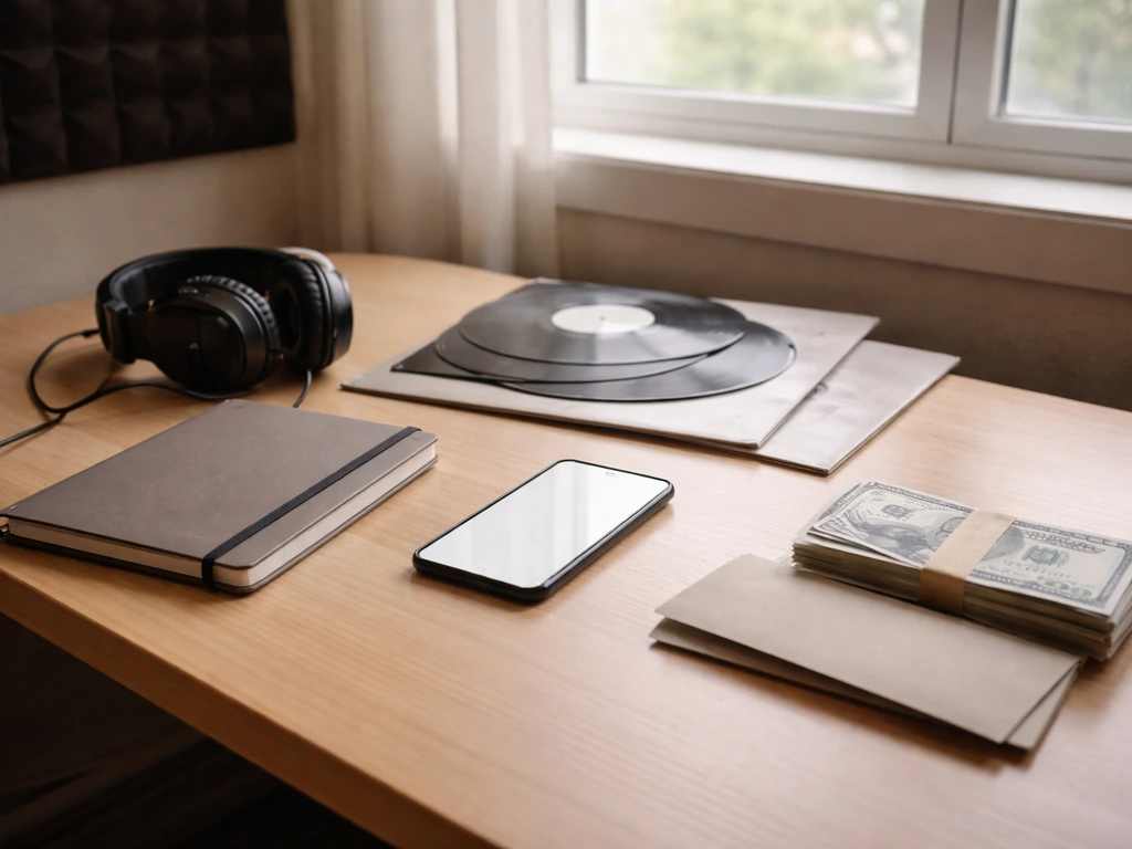 Minimal studio desk with vinyl records, smartphone, and cash-like prop near a window, suggesting music income